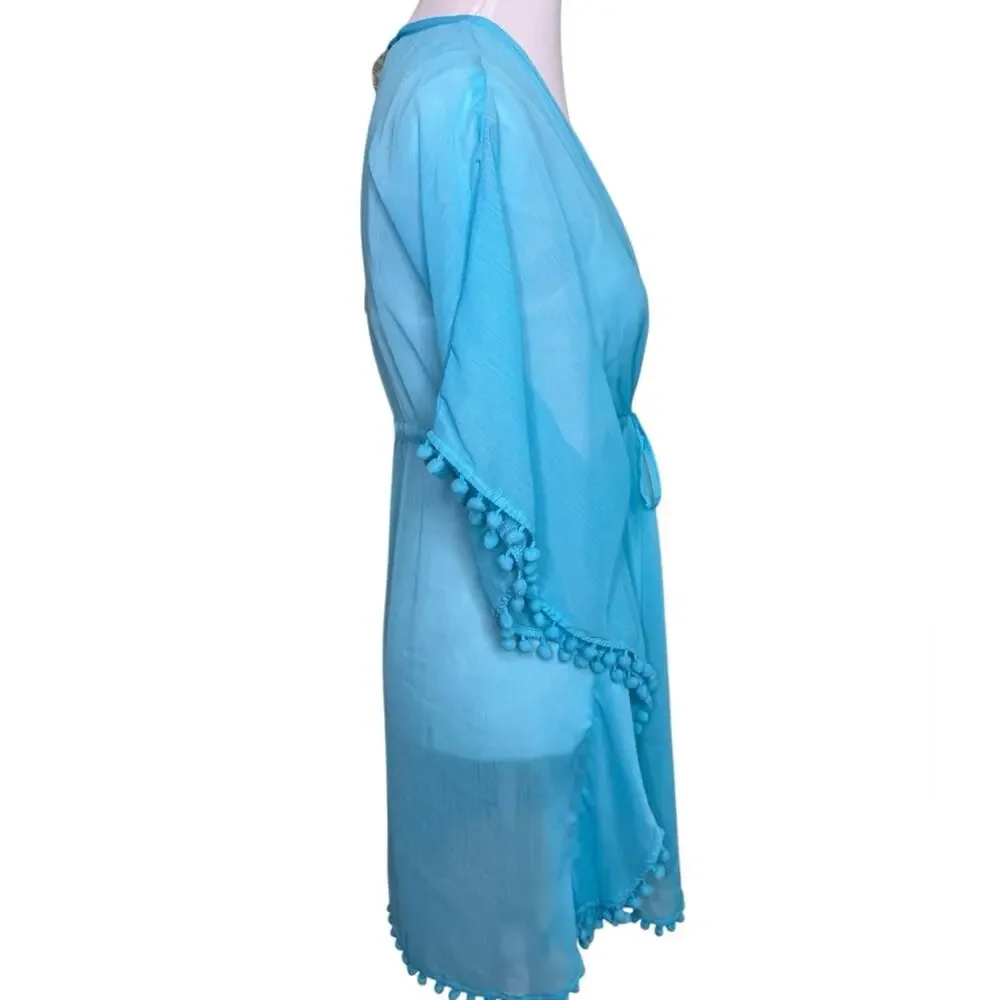 Bleu Pompons Sheer Rod Beattie Womens Mesh Swimsuit Cover-Up Kaftan Size Large